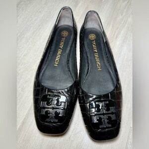 Tory Burch Black Croc Embossed Ballet Flats Logo Embellishment Women's Size 7